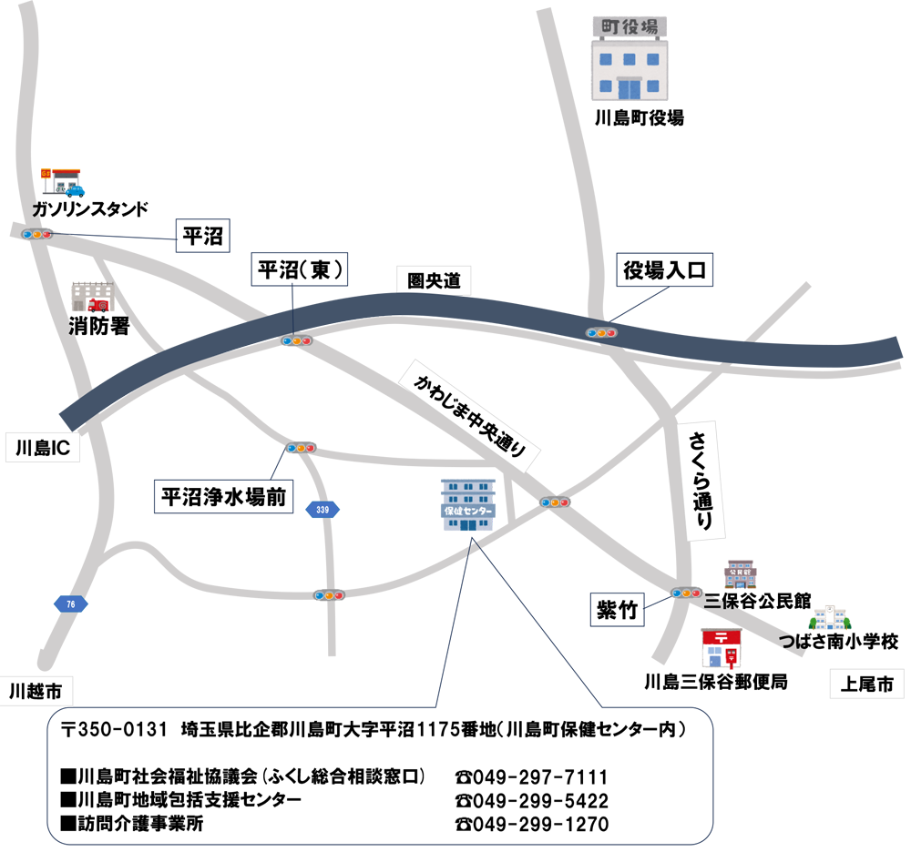 社会福祉法人川島町社会福祉協議会、訪問介護事業所、地域包括支援センターのイラスト地図