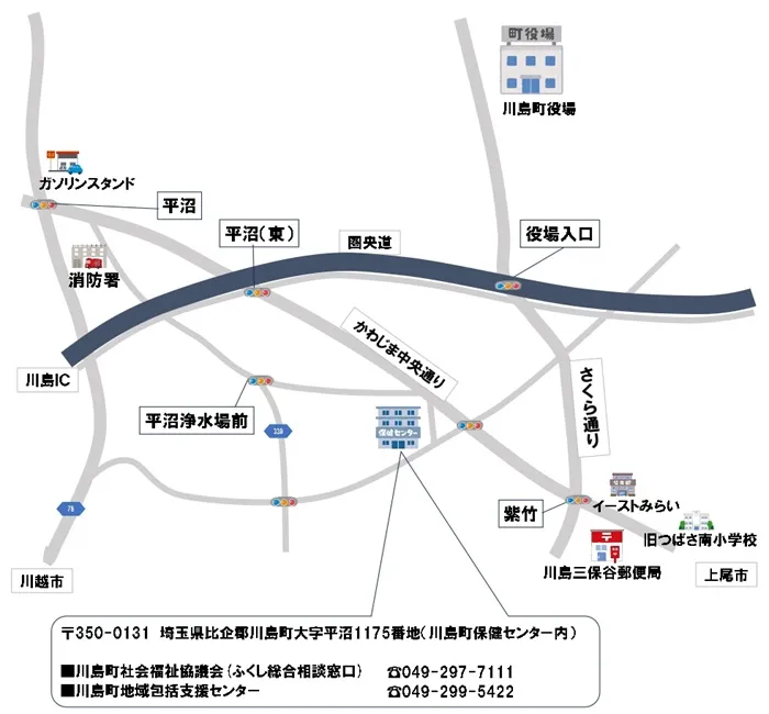 社会福祉法人川島町社会福祉協議会、訪問介護事業所、地域包括支援センターのイラスト地図