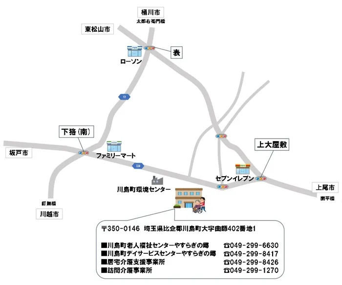 川島町老人福祉センター「やすらぎの郷」、川島町デイサービスセンター「やすらぎの郷」、居宅介護支援事業所のイラスト地図